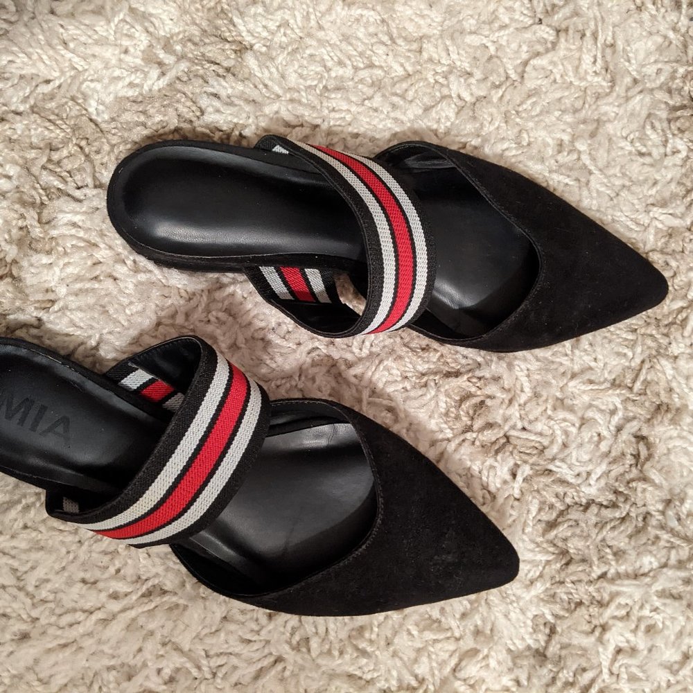 MIA Black Suede Slip Ons with Red and White Accent
